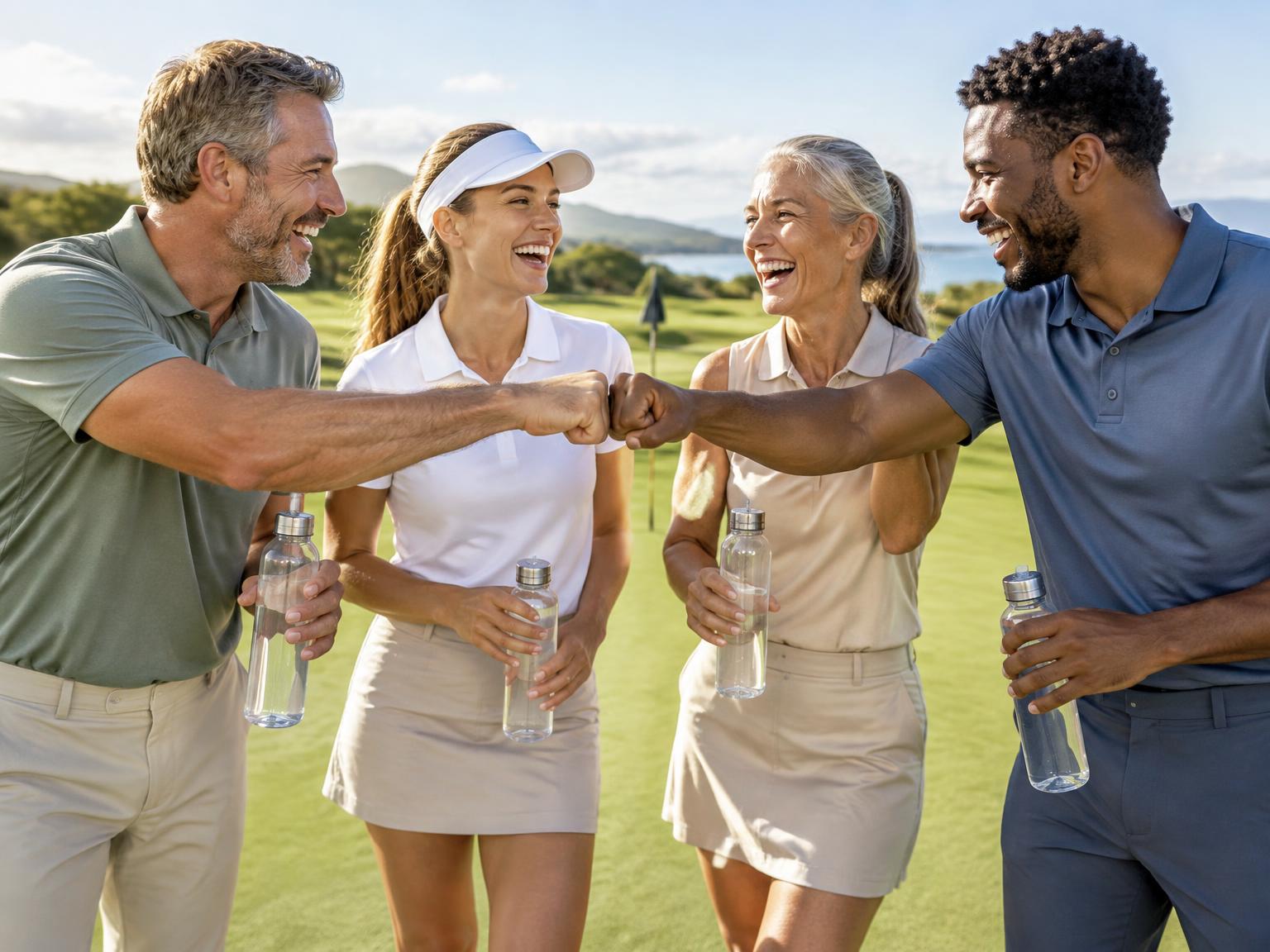 Friends of different ages laughing and fist-bumping on a sunny green