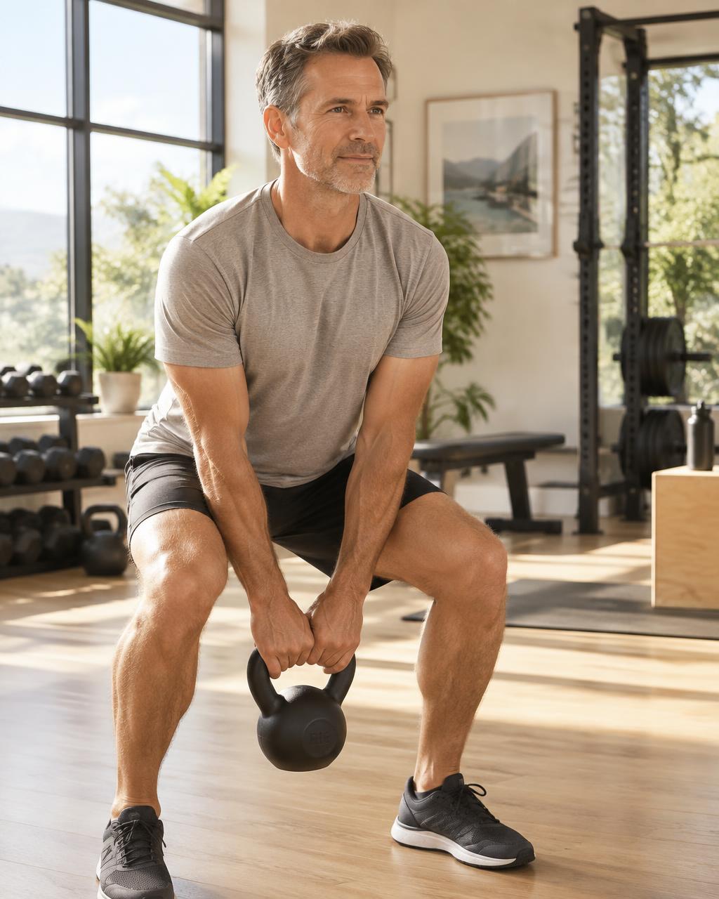 A man in his fifties training with a kettlebell in a bright gym