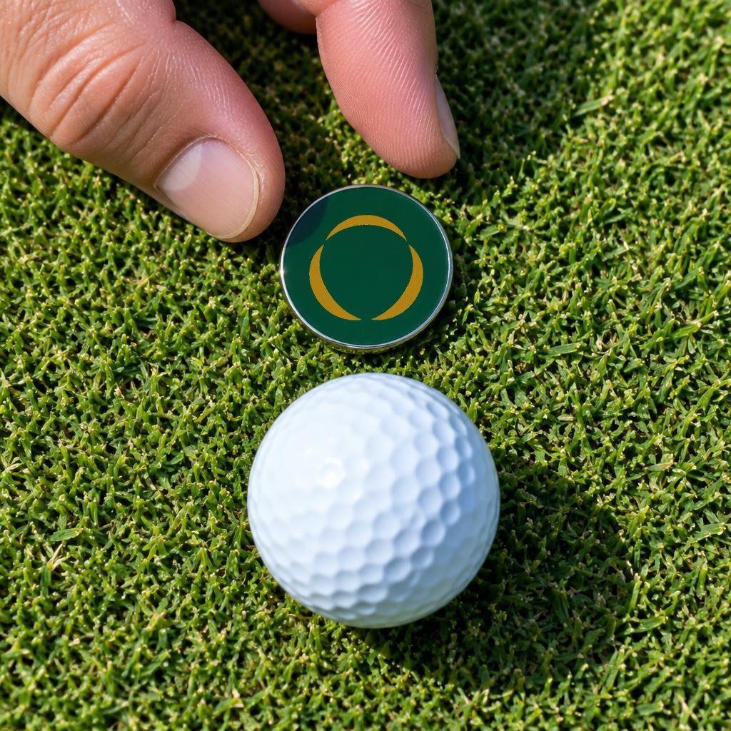 A hand placing the RTP ball marker behind a golf ball on the green