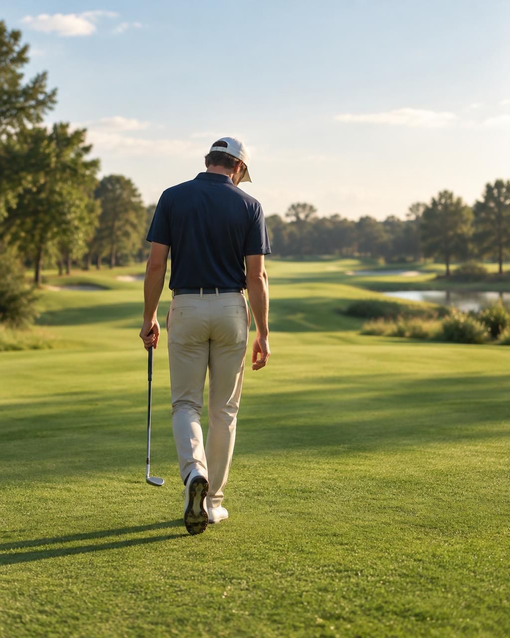A golfer walking away after a difficult shot